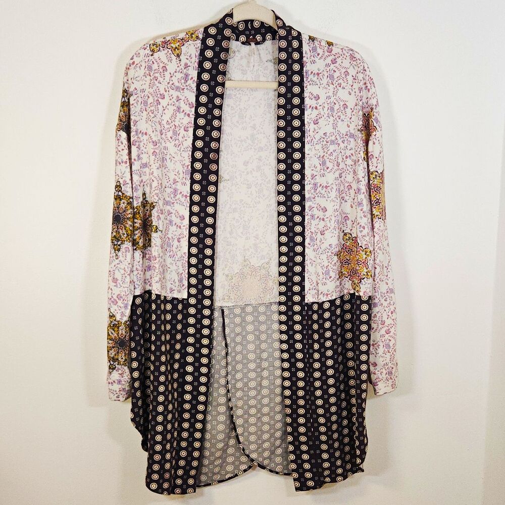 Free People Forget Me Knot Open Front Kimono Duster Floral Geometric SMALL